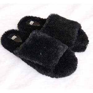 BP Nordstrom Womens Black Slip On Slides Faux Fur Cozy Fuzzy Slippers 5-6 NWT